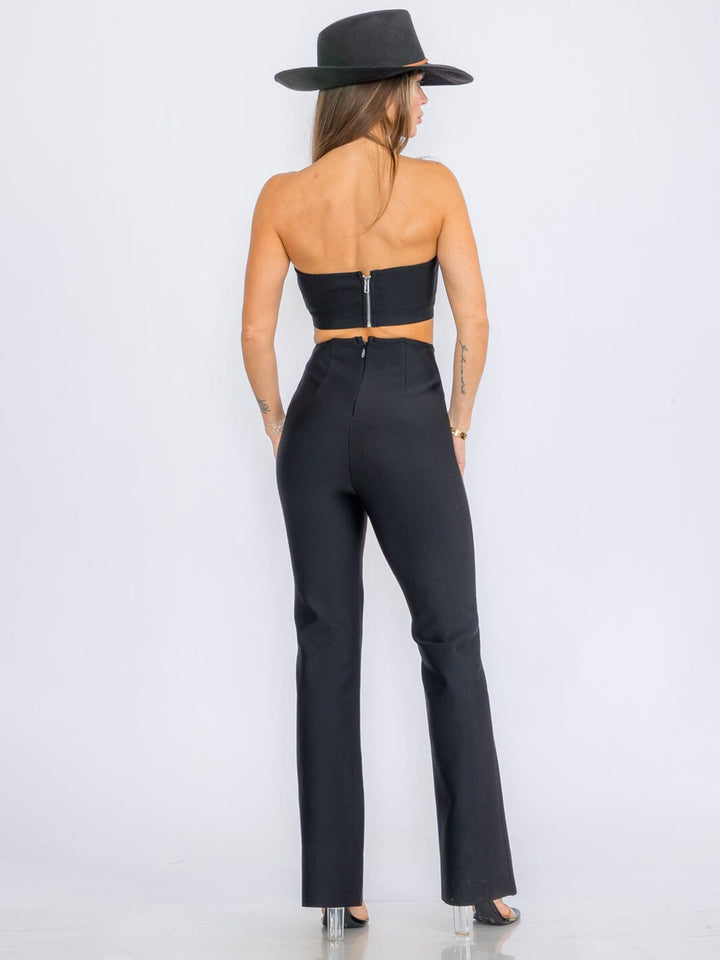 WOMEN'S SLEEVELESS CROP TOP & ZIP UP BELL LEG PANTS BANDAGE 2PC.SET