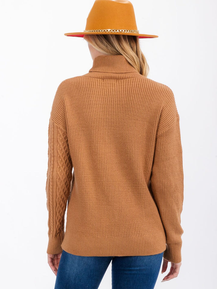 WOMEN'S LONG SLEEVE TURTLE NECK CABLE KNIT PULLOVER SWEATER