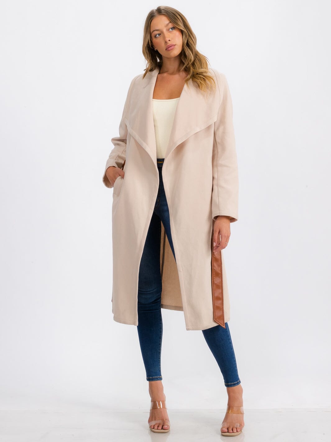 WOMEN'S LONG SLEEVE OPEN FRONT SELF TIE COAT