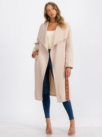WOMEN'S LONG SLEEVE OPEN FRONT SELF TIE COAT