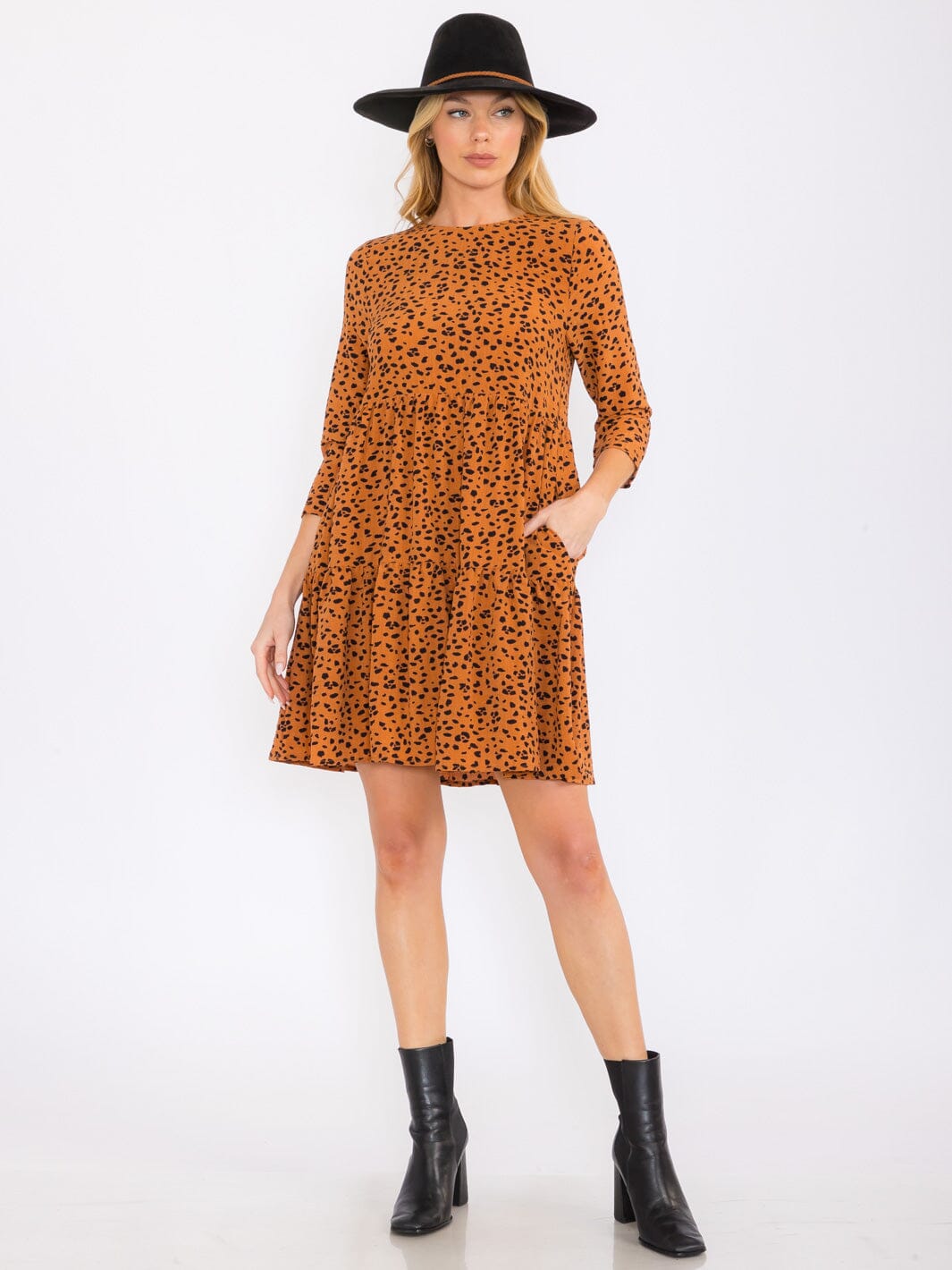 WOMEN'S 3/4 SLEEVES TIERED FRONT POCKETS ANIMAL PRINT TUNIC MINI DRESS