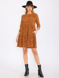 WOMEN'S 3/4 SLEEVES TIERED FRONT POCKETS ANIMAL PRINT TUNIC MINI DRESS
