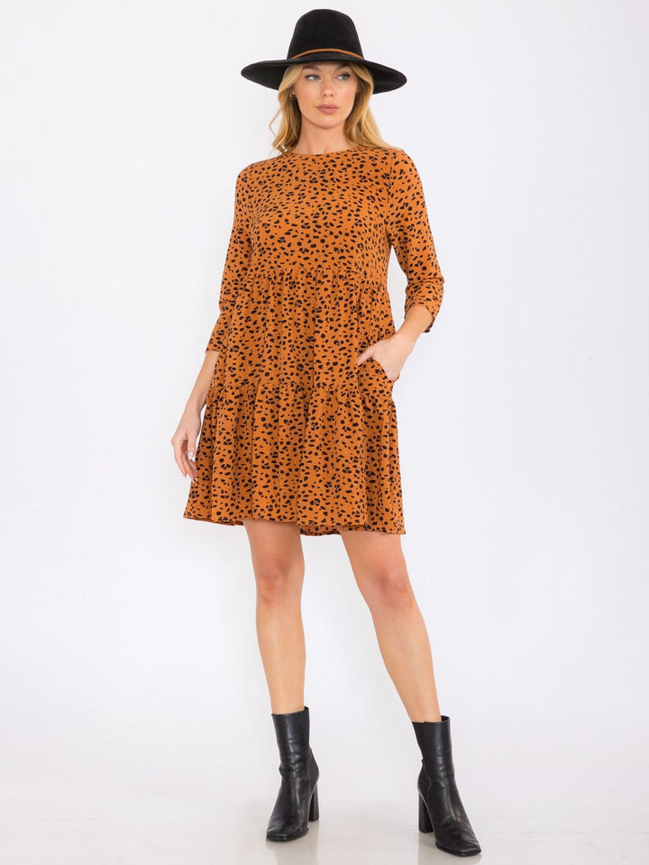 WOMEN'S 3/4 SLEEVES TIERED FRONT POCKETS ANIMAL PRINT TUNIC MINI DRESS