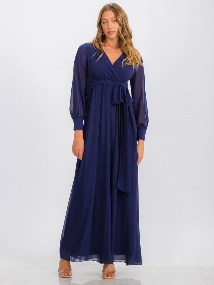 WOMEN'S LONG SLEEVE SURPLICE SELF TIE MAXI DRESS