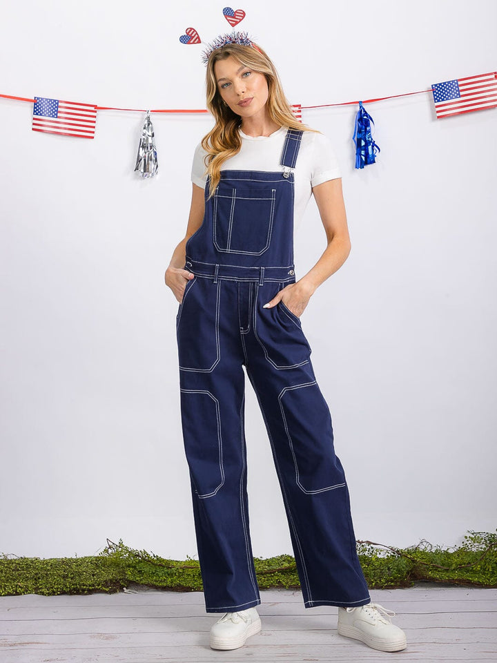 WOMEN'S BUTTON CLOSURE POCKETS WIDE LEG DENIM OVERALL