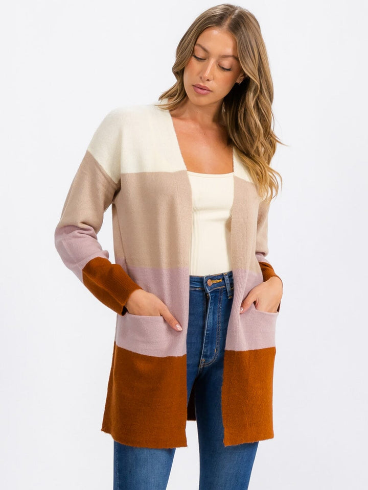 WOMEN'S LONG SLEEVE OPEN FRONT POCKETS COLORBLOCK CARDIGAN