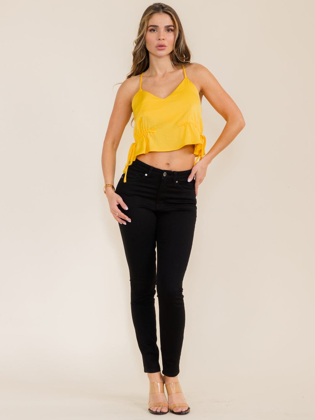 WOMEN'S SLEEVELESS V-NECK ADJUSTABLE WAIST CROP TOP