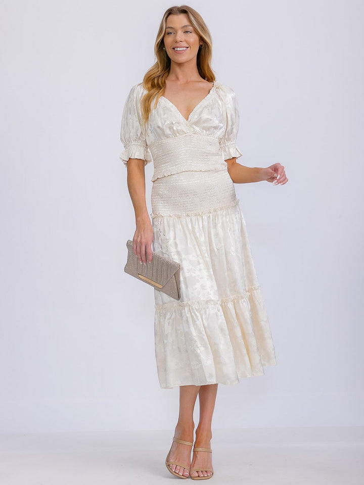 WOMEN'S SHORT SLEEVE SURPLICE TOP & ELASTIC WAIST MIDI SKIRT FLORAL 2PC. SET