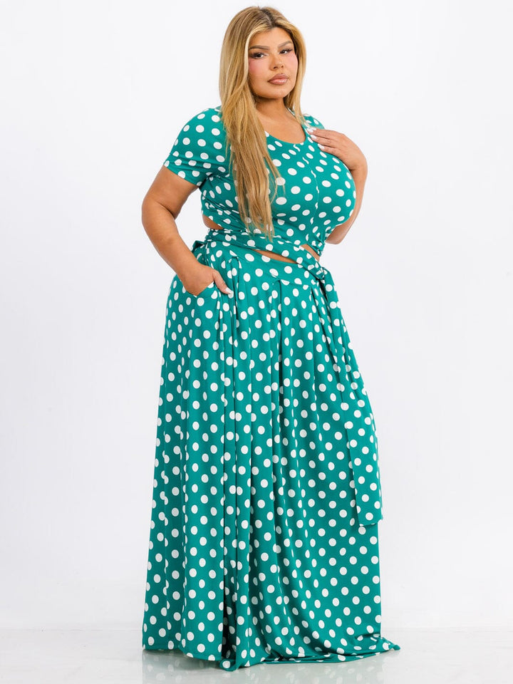 PLUS SIZE SHORT SLEEVE SELF TIE TOP & MAXI SKIRT POLKA DOTS 2PC. SET
