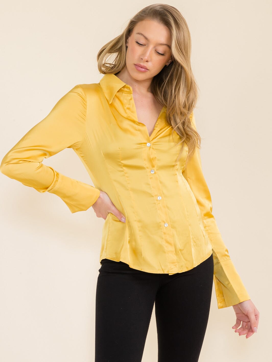 WOMEN'S LONG SLEEVE BUTTON UP SATIN BLOUSE