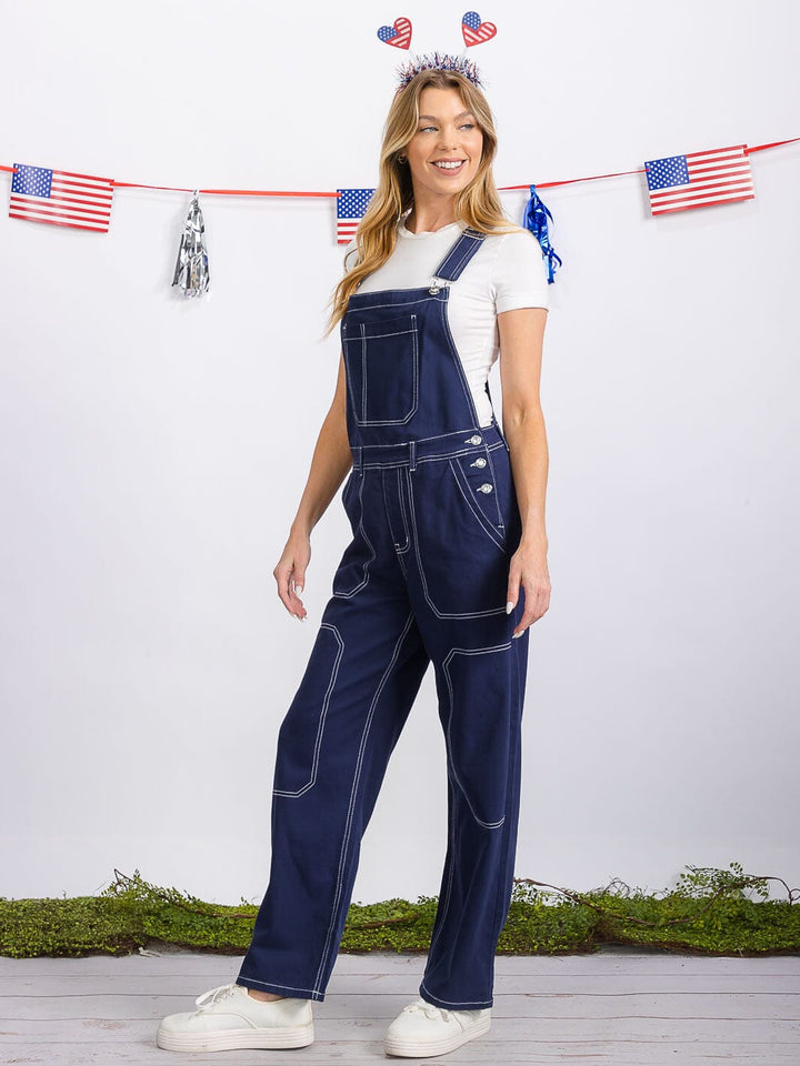 WOMEN'S BUTTON CLOSURE POCKETS WIDE LEG DENIM OVERALL