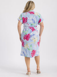 PLUS SIZE SHORT SLEEVE BUTTON UP SELF TIE FLORAL MIDI DRESS