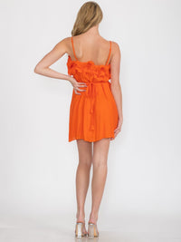 WOMEN'S SLEEVELESS SELF TIE FRONT POCKETS RUFFLE TRIM MINI DRESS