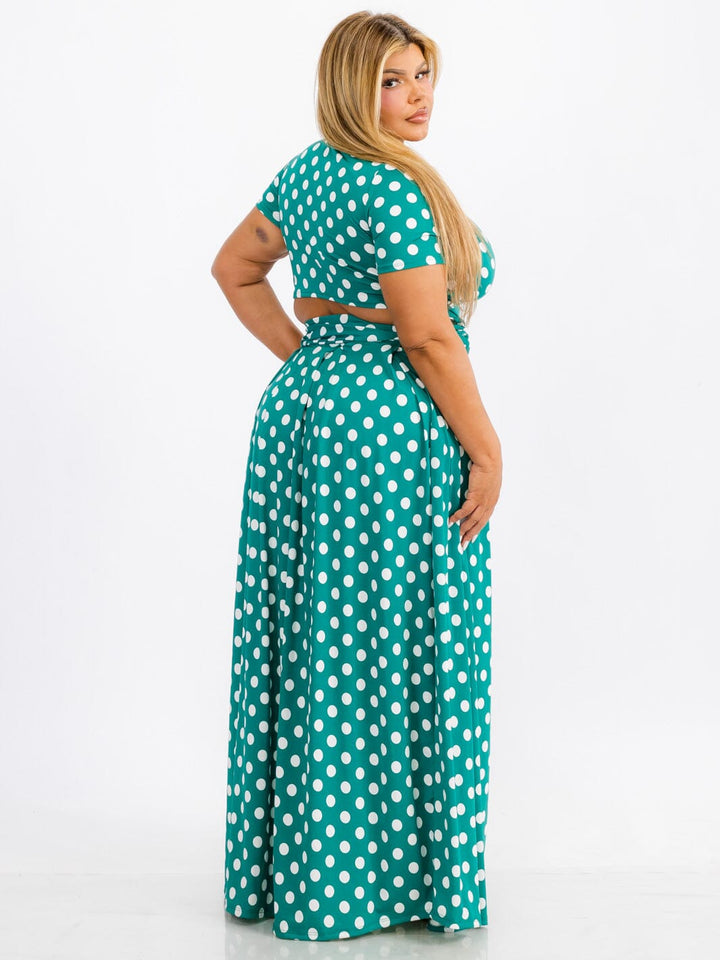 PLUS SIZE SHORT SLEEVE SELF TIE TOP & MAXI SKIRT POLKA DOTS 2PC. SET