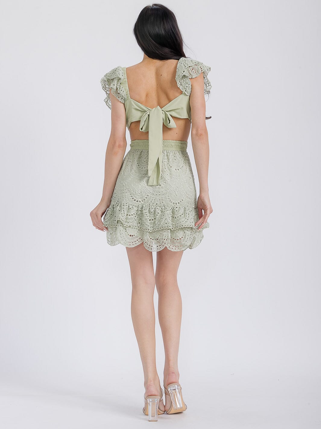 WOMEN'S RUFFLE SLEEVES CUT OUT BACK TIE EYELET MINI DRESS