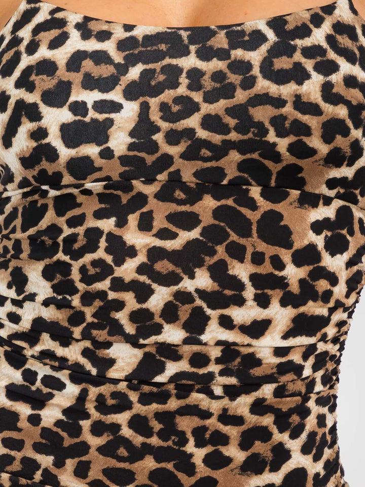 WOMEN'S SLEEVELESS SIDE RUCHED BODYCON ANIMAL PRINT MINI DRESS