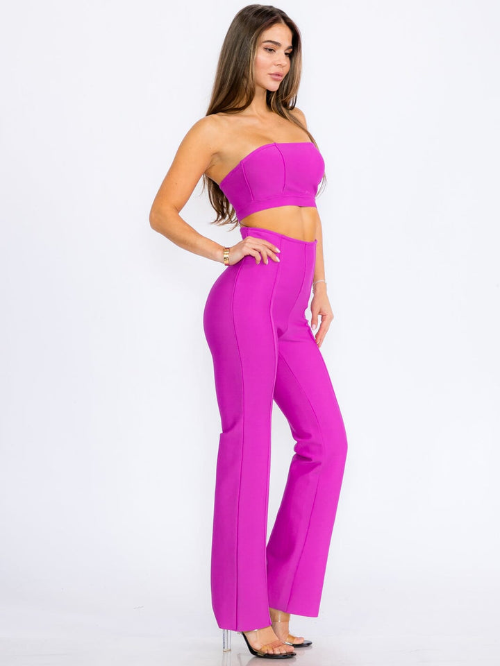 WOMEN'S SLEEVELESS CROP TOP & ZIP UP BELL LEG PANTS BANDAGE 2PC.SET