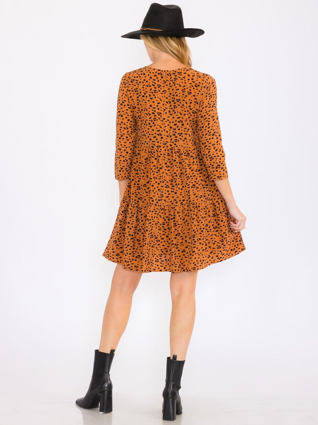 WOMEN'S 3/4 SLEEVES TIERED FRONT POCKETS ANIMAL PRINT TUNIC MINI DRESS