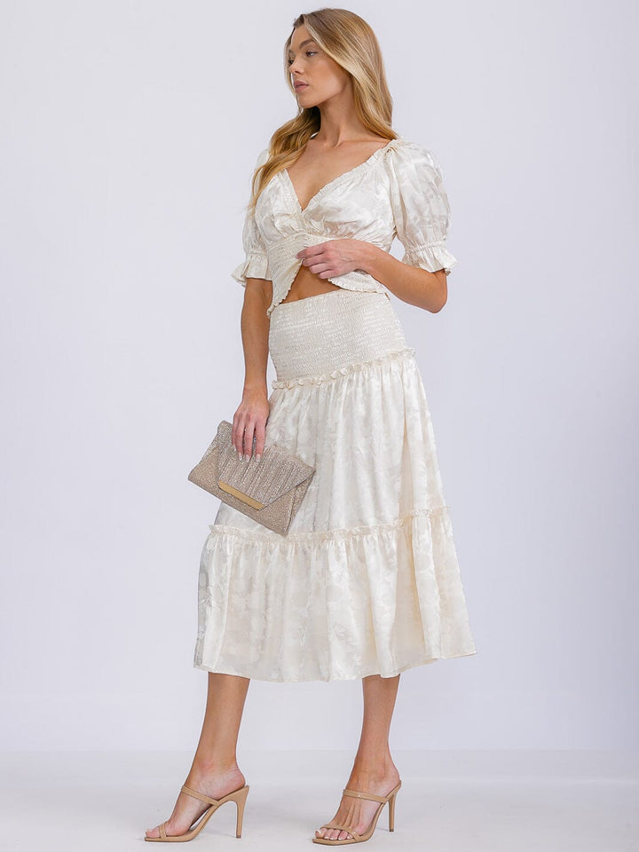 WOMEN'S SHORT SLEEVE SURPLICE TOP & ELASTIC WAIST MIDI SKIRT FLORAL 2PC. SET