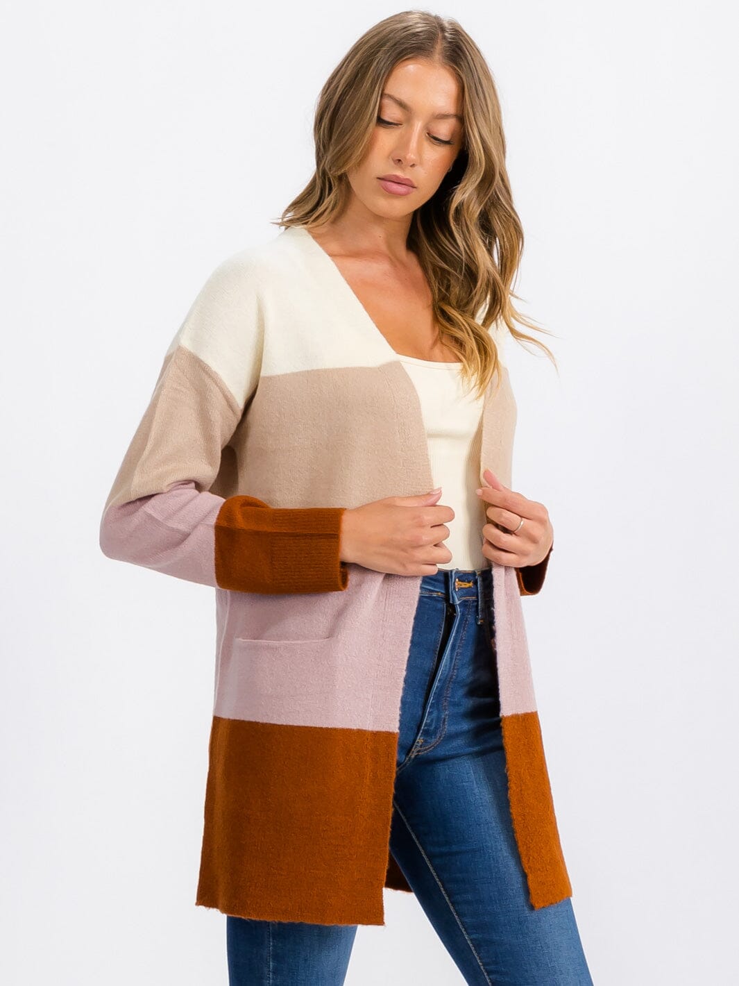 WOMEN'S LONG SLEEVE OPEN FRONT POCKETS COLORBLOCK CARDIGAN