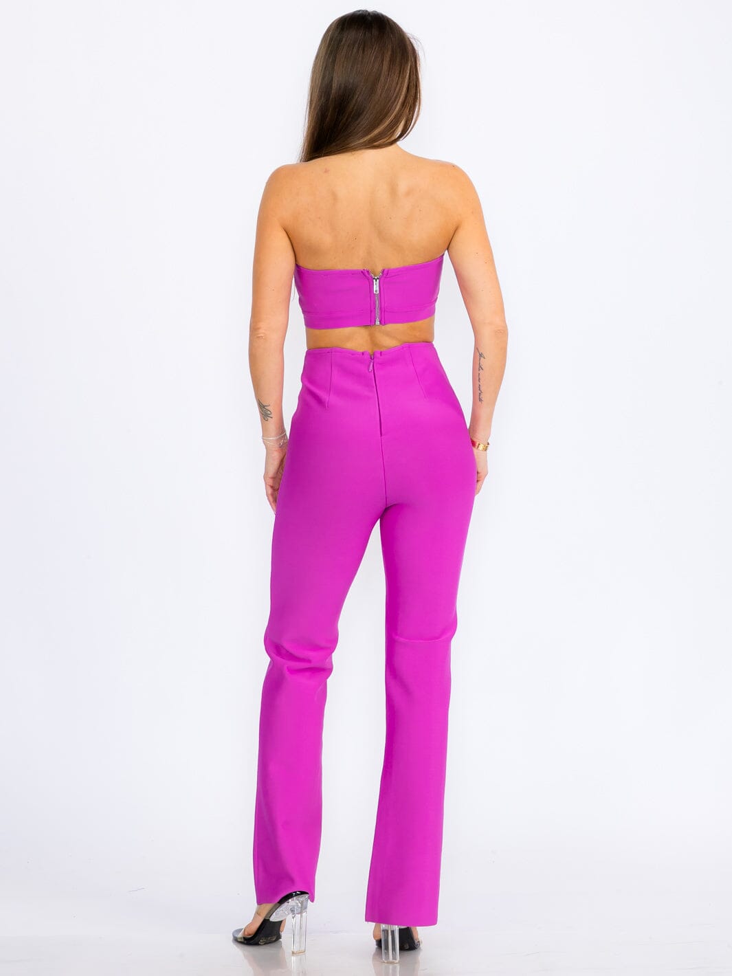 WOMEN'S SLEEVELESS CROP TOP & ZIP UP BELL LEG PANTS BANDAGE 2PC.SET