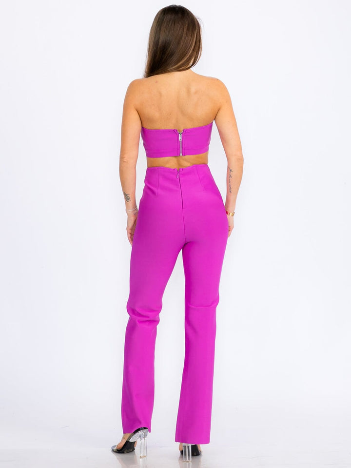 WOMEN'S SLEEVELESS CROP TOP & ZIP UP BELL LEG PANTS BANDAGE 2PC.SET