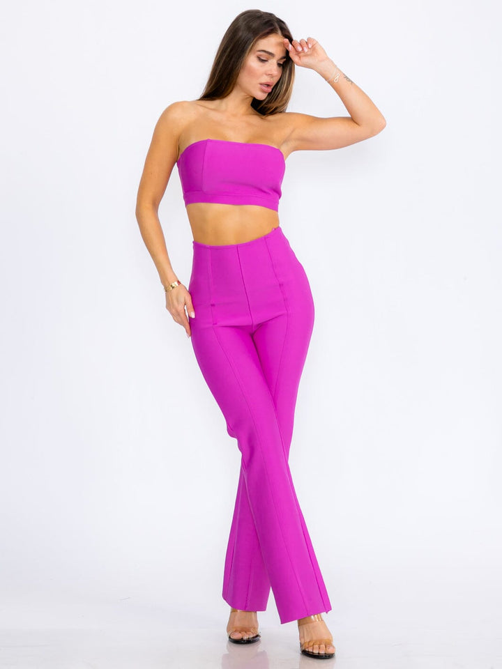 WOMEN'S SLEEVELESS CROP TOP & ZIP UP BELL LEG PANTS BANDAGE 2PC.SET
