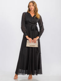 WOMEN'S LONG SLEEVE SURPLICE SELF TIE SHIMMER MAXI DRESS