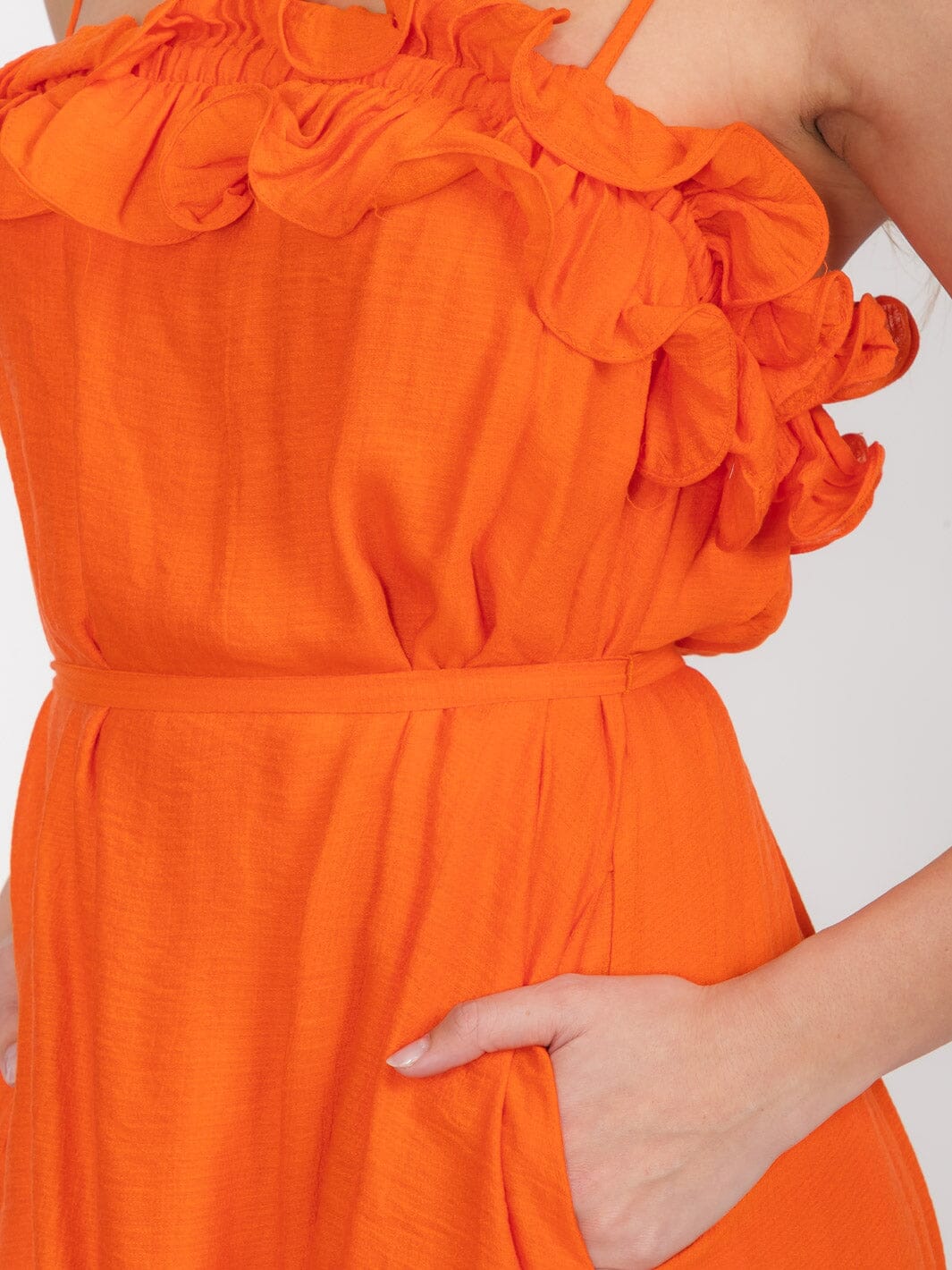 WOMEN'S SLEEVELESS SELF TIE FRONT POCKETS RUFFLE TRIM MINI DRESS