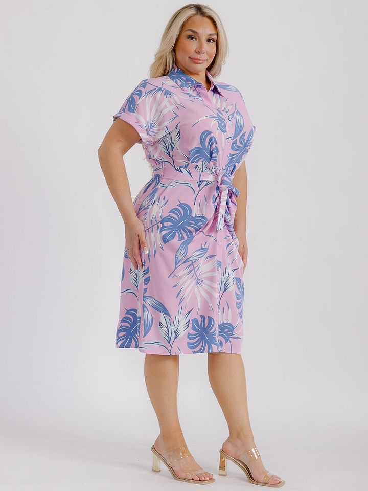 PLUS SIZE SHORT SLEEVE BUTTON UP SELF TIE FLORAL MIDI DRESS