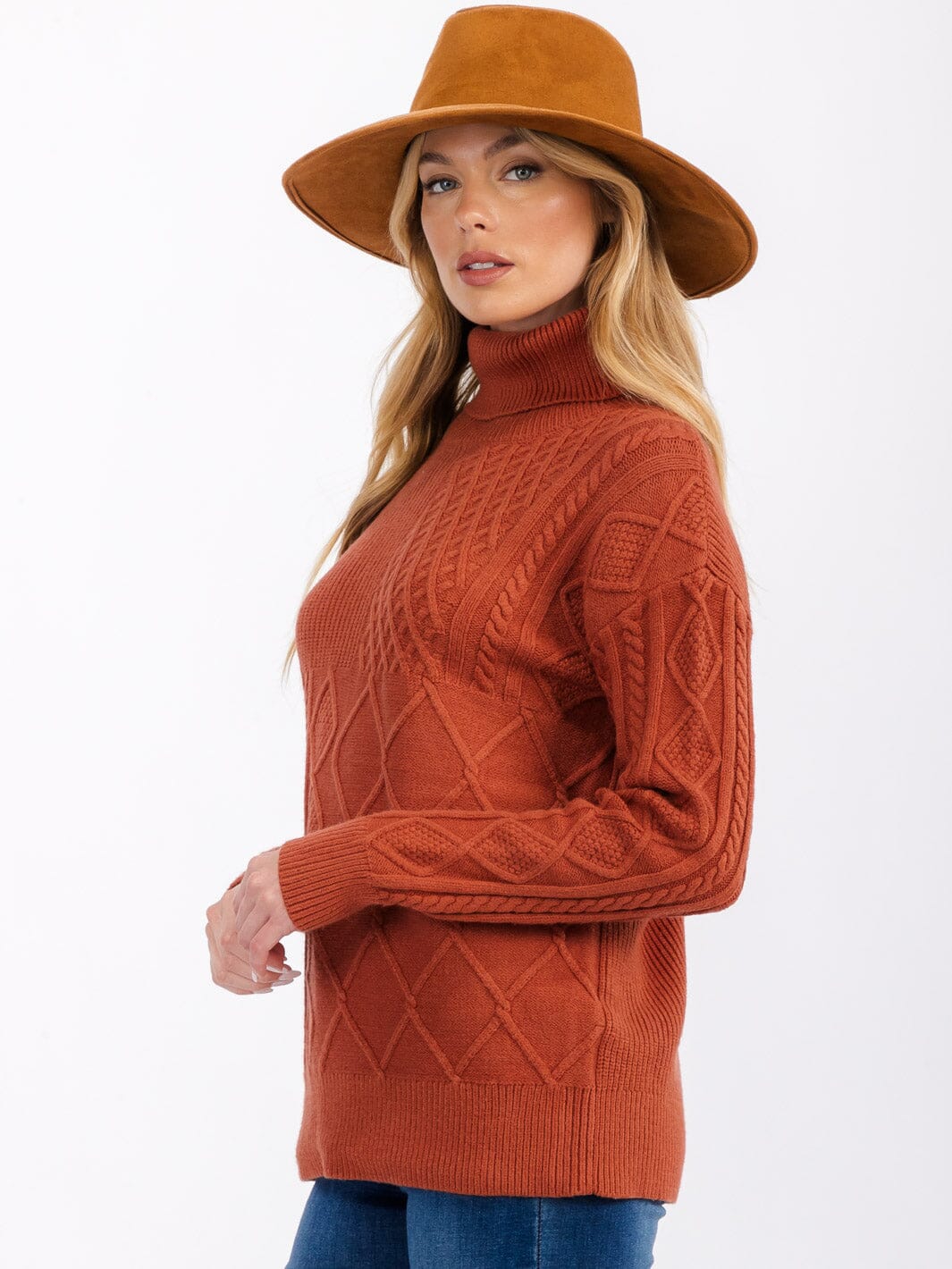WOMEN'S LONG SLEEVE TURTLE NECK CABLE KNIT PULLOVER SWEATER