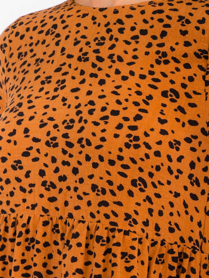 WOMEN'S 3/4 SLEEVES TIERED FRONT POCKETS ANIMAL PRINT TUNIC MINI DRESS