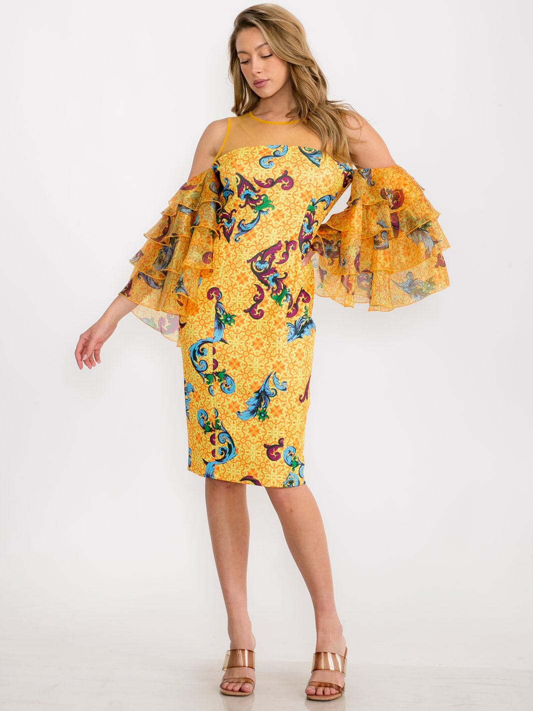 WOMEN'S COLD SHOULDER SHORT RUFFLE SLEEVE MULTI PRINT MIDI DRESS