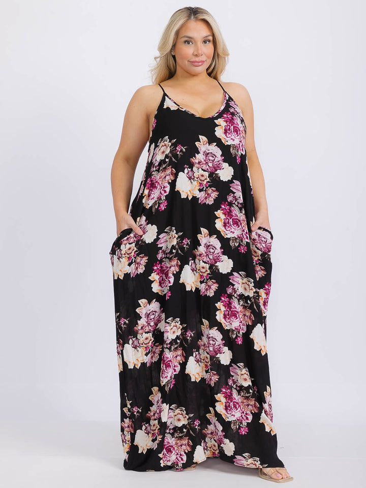 PLUS SIZE SLEEVELESS V-NECK FRONT POCKETS FLORAL MAXI DRESS
