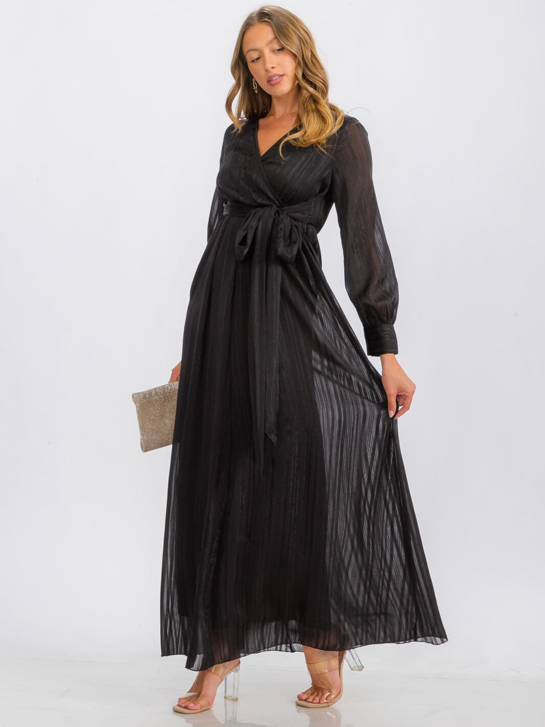 WOMEN'S LONG SLEEVE SURPLICE SELF TIE SHIMMER MAXI DRESS