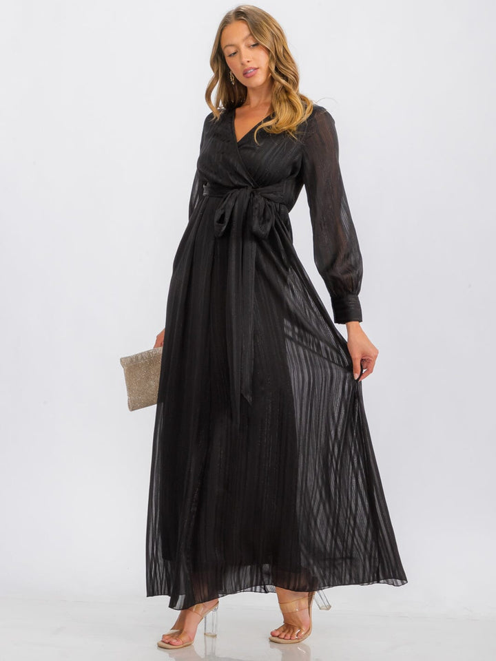 WOMEN'S LONG SLEEVE SURPLICE SELF TIE SHIMMER MAXI DRESS