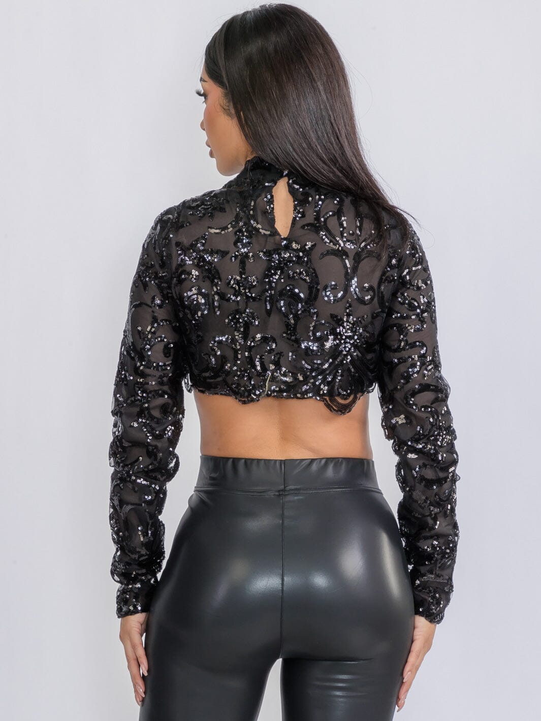 WOMEN'S LONG SLEEVE MOCK NECK SEQUINS CROP TOP