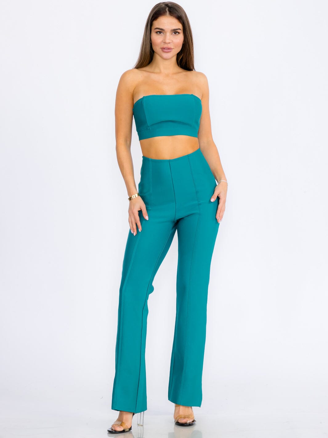 WOMEN'S SLEEVELESS CROP TOP & ZIP UP BELL LEG PANTS BANDAGE 2PC.SET