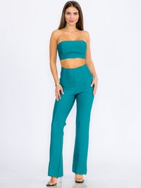 WOMEN'S SLEEVELESS CROP TOP & ZIP UP BELL LEG PANTS BANDAGE 2PC.SET