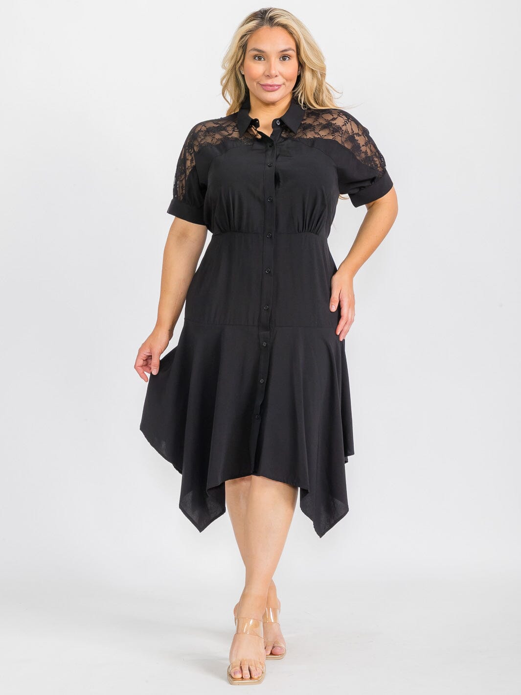 PLUS SIZE SHORT SLEEVE BUTTON CLOSURE LACE HIGH-LOW MIDI DRESS