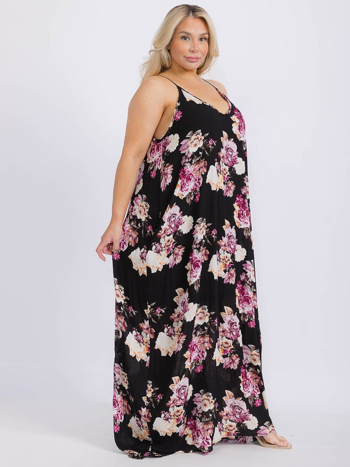 PLUS SIZE SLEEVELESS V-NECK FRONT POCKETS FLORAL MAXI DRESS