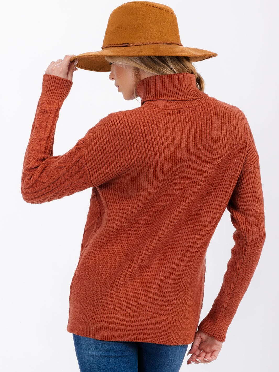 WOMEN'S LONG SLEEVE TURTLE NECK CABLE KNIT PULLOVER SWEATER