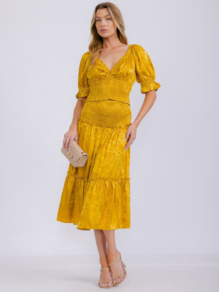 WOMEN'S SHORT SLEEVE SURPLICE TOP & ELASTIC WAIST MIDI SKIRT FLORAL 2PC. SET