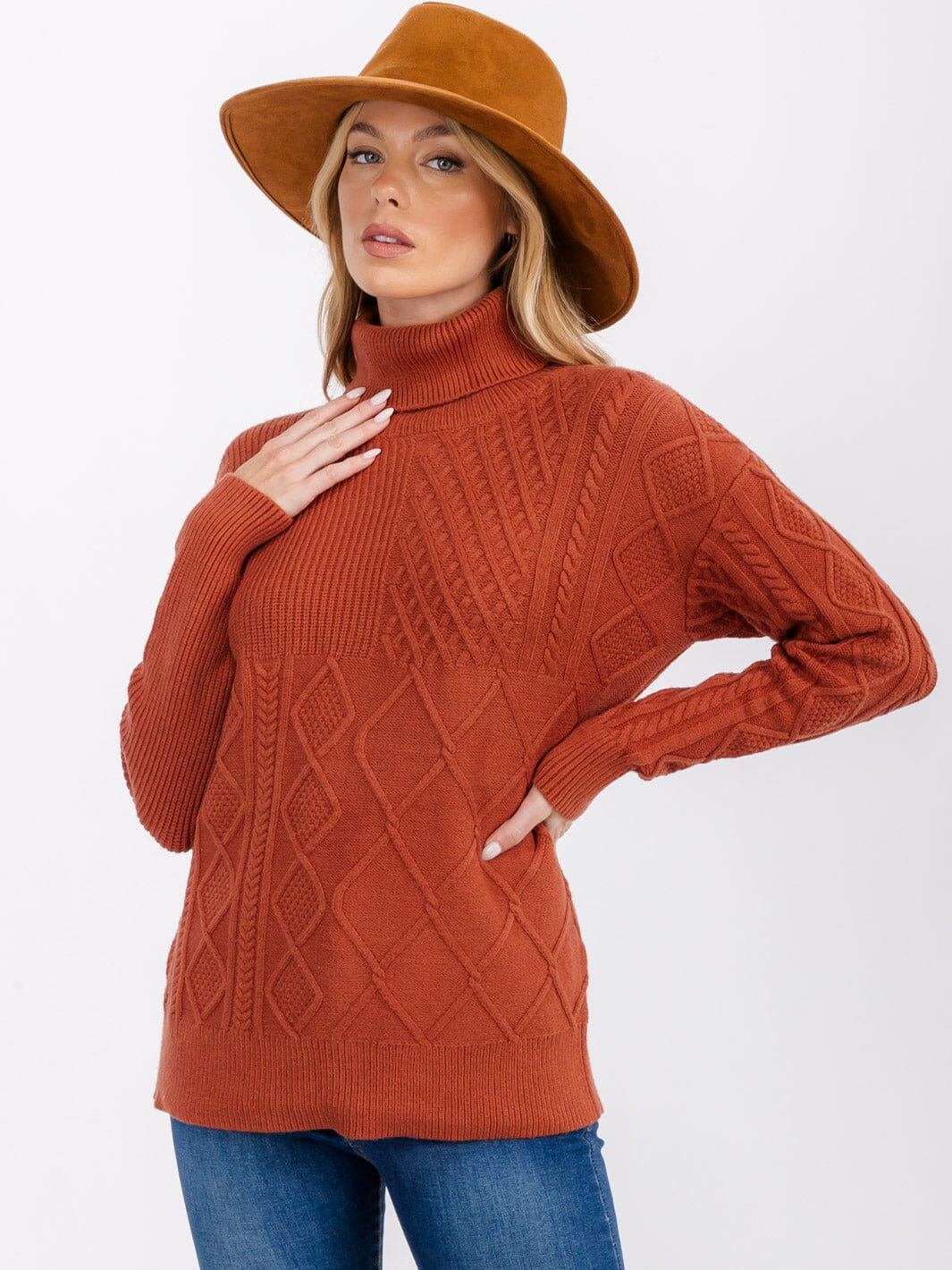 WOMEN'S LONG SLEEVE TURTLE NECK CABLE KNIT PULLOVER SWEATER