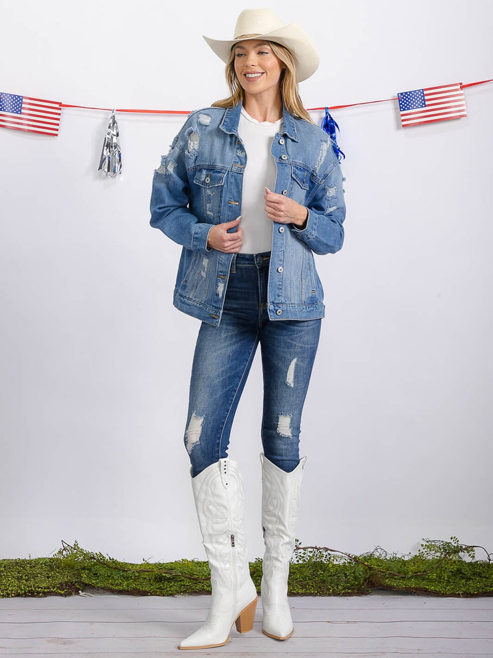 WOMEN'S LONG SLEEVE BUTTON CLOSURE FRONT POCKETS DISTRESS DENIM JACKET