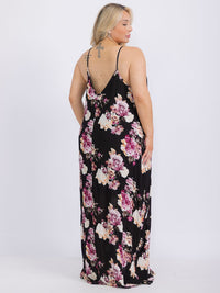 PLUS SIZE SLEEVELESS V-NECK FRONT POCKETS FLORAL MAXI DRESS