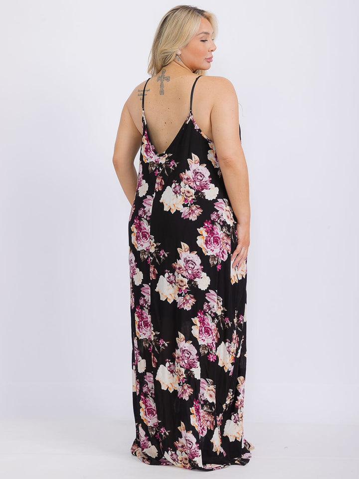 PLUS SIZE SLEEVELESS V-NECK FRONT POCKETS FLORAL MAXI DRESS