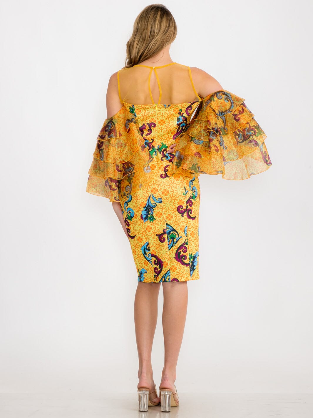 WOMEN'S COLD SHOULDER SHORT RUFFLE SLEEVE MULTI PRINT MIDI DRESS