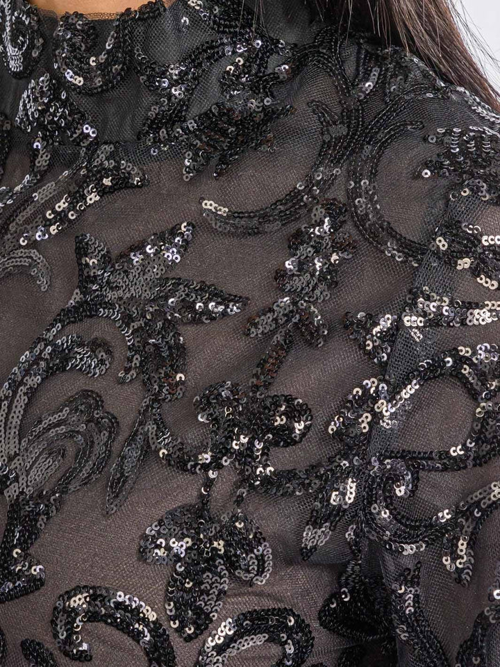 WOMEN'S LONG SLEEVE MOCK NECK SEQUINS CROP TOP