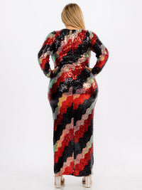 WOMEN'S LONG SLEEVE BODYCON COLORBLOCK SEQUINS MAXI DRESS